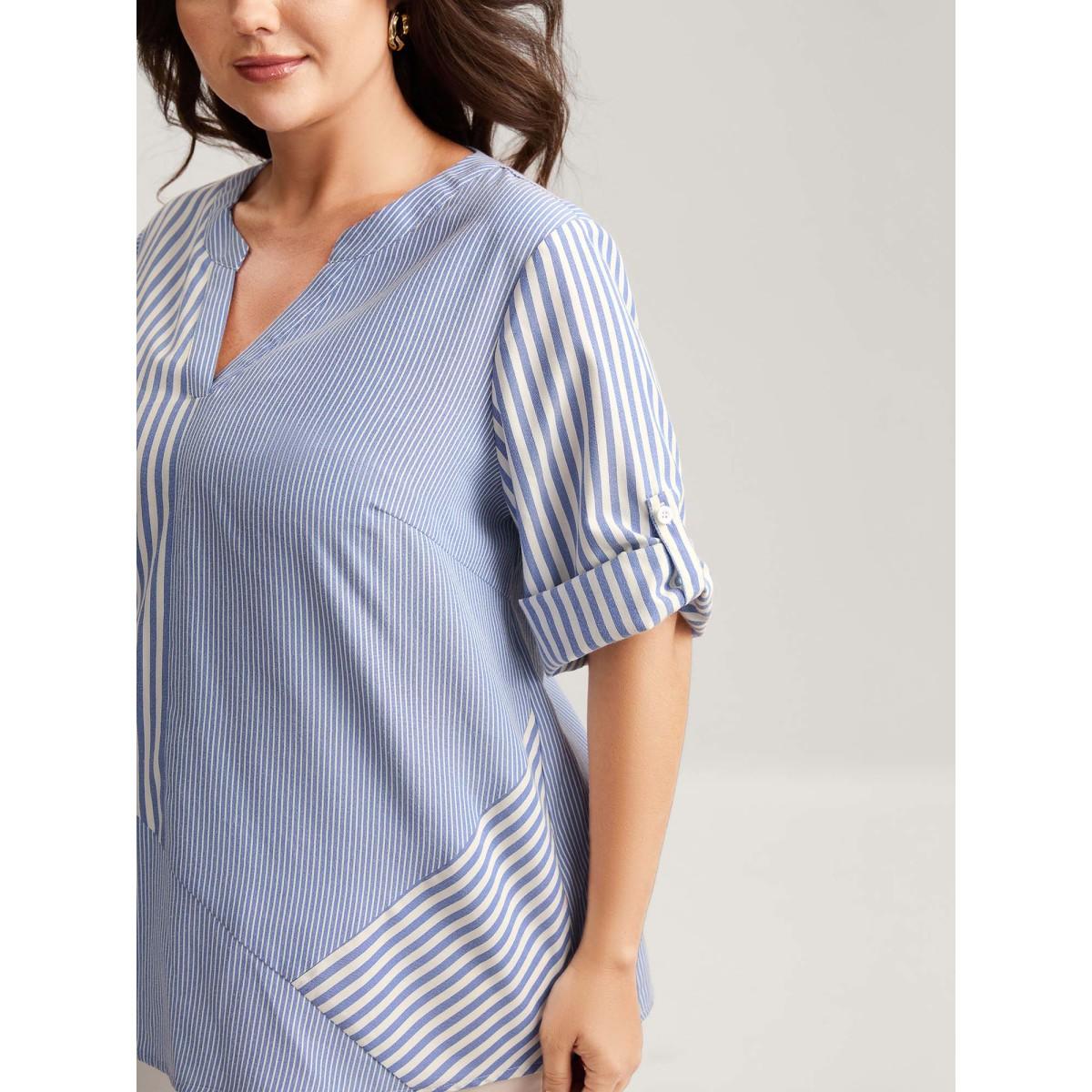 Plus Size DarkBlue Modern Stripes Notched Collar Blouse Women Elbow-length sleeve Flat collar with V-notch Work Blouses BloomChic 14-16/1X Product Image
