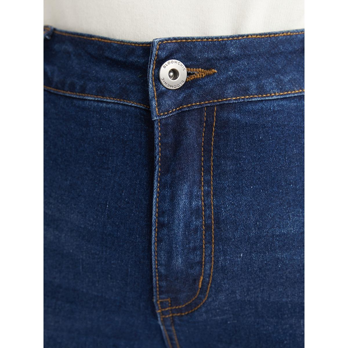 Plus Size Straight Slightly Stretchy High Rise Dark Wash Pocket Full Jeans Women DarkBlue Casual Plain Button Low stretch Pocket Jeans BloomChic 22/3X Product Image