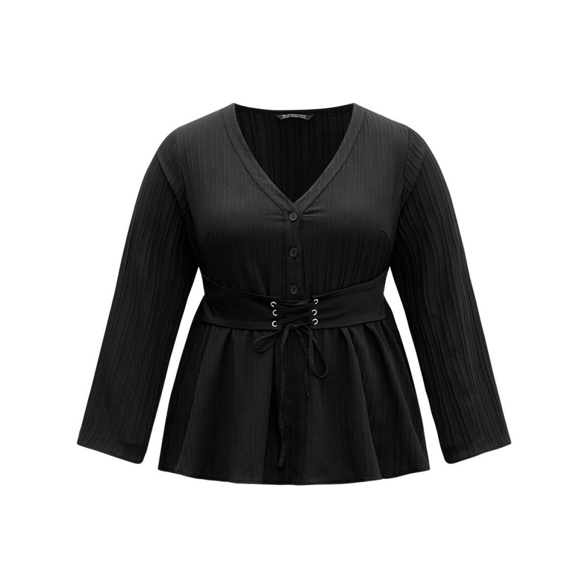 Plus Size Black Solid Textured Button Detail Lace Up Blouse Women At the Office Long Sleeve V-neck Office Blouses BloomChic 28/5X Product Image