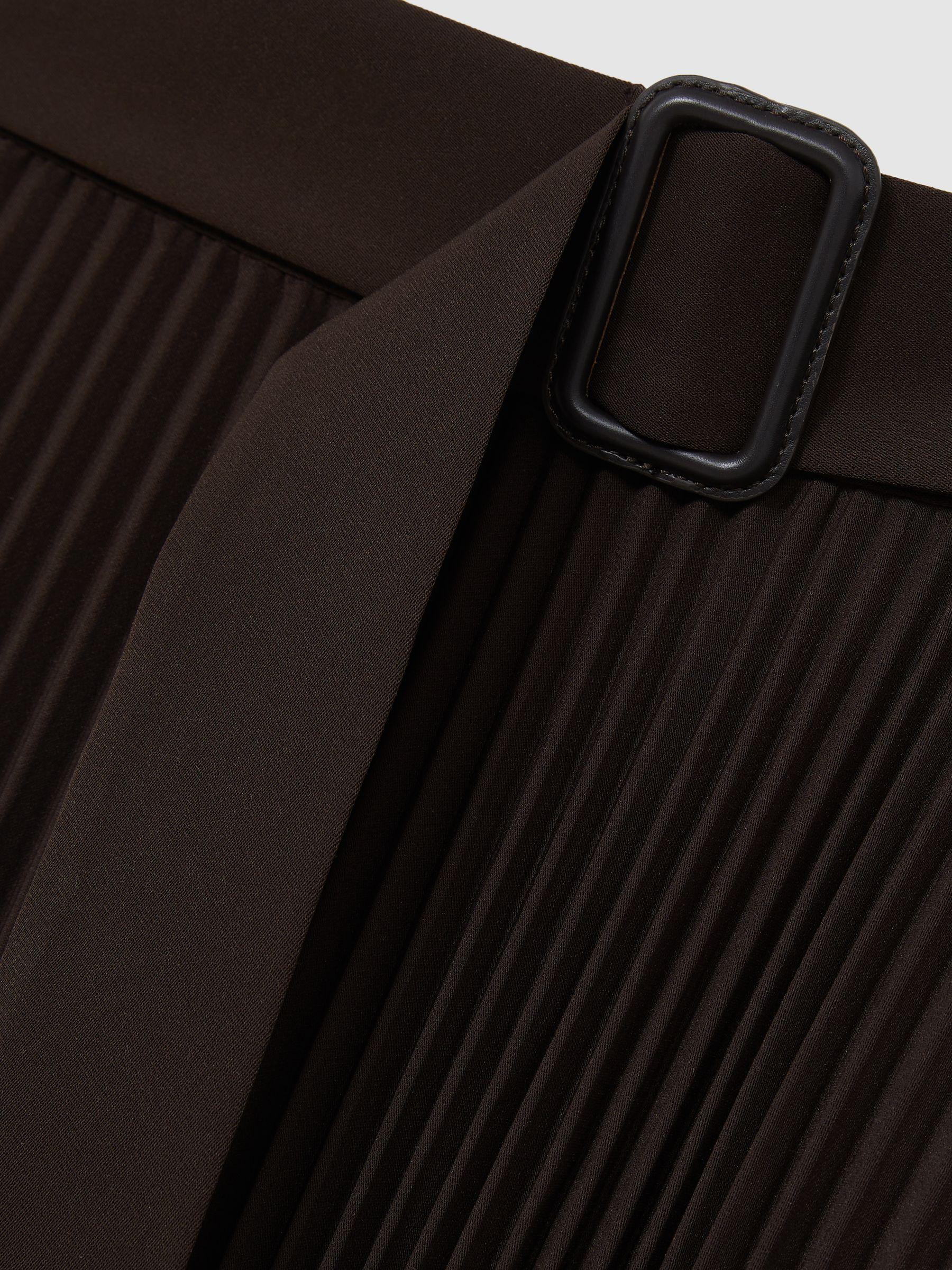 Pleated Belted Midi Skirt in Chocolate Brown Product Image