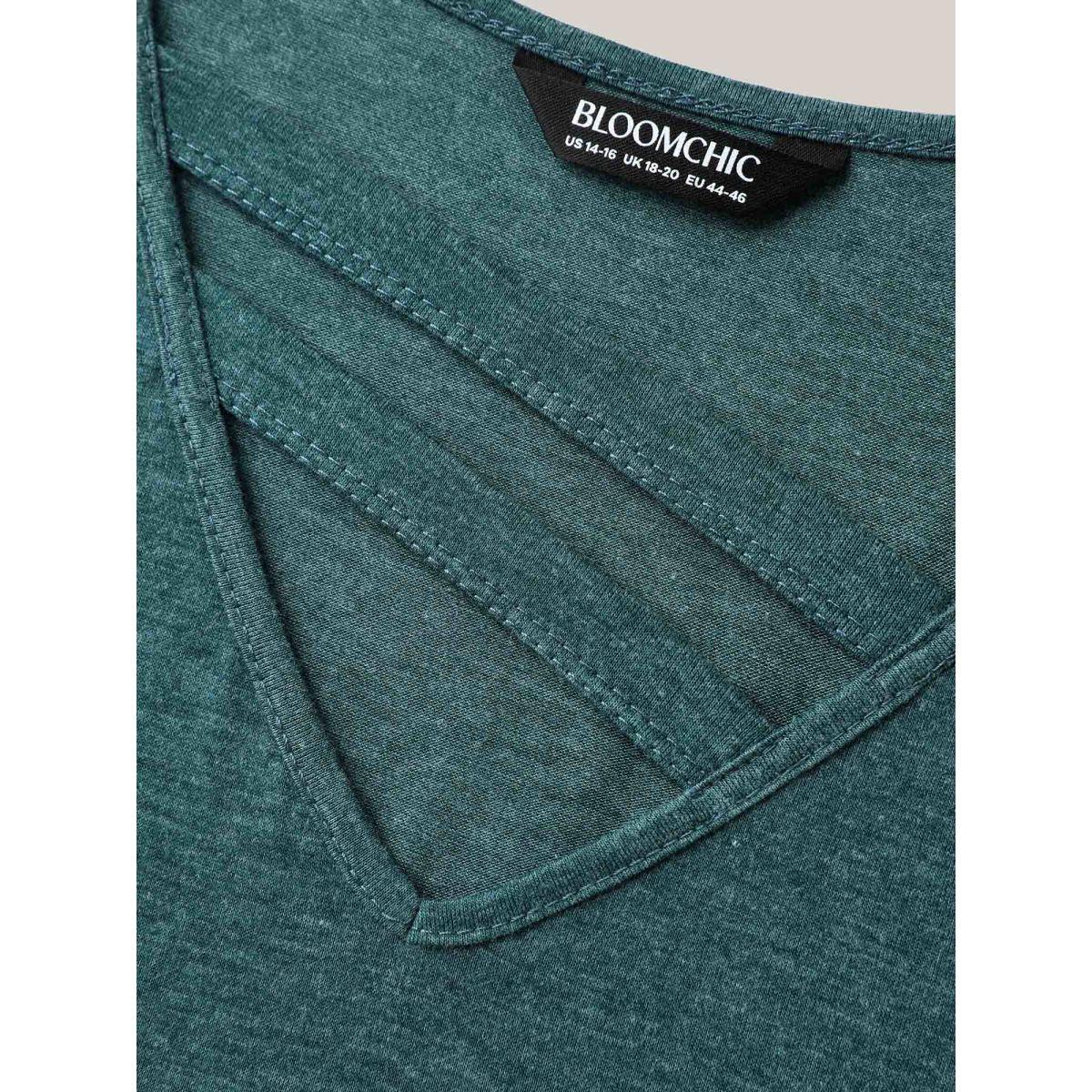 Plus Size Heather Stretchy Neck Cut-Out T-Shirt DarkGreen Women Leisure Petal edge V-neck Casual T-shirts BloomChic 18-20/2X Product Image