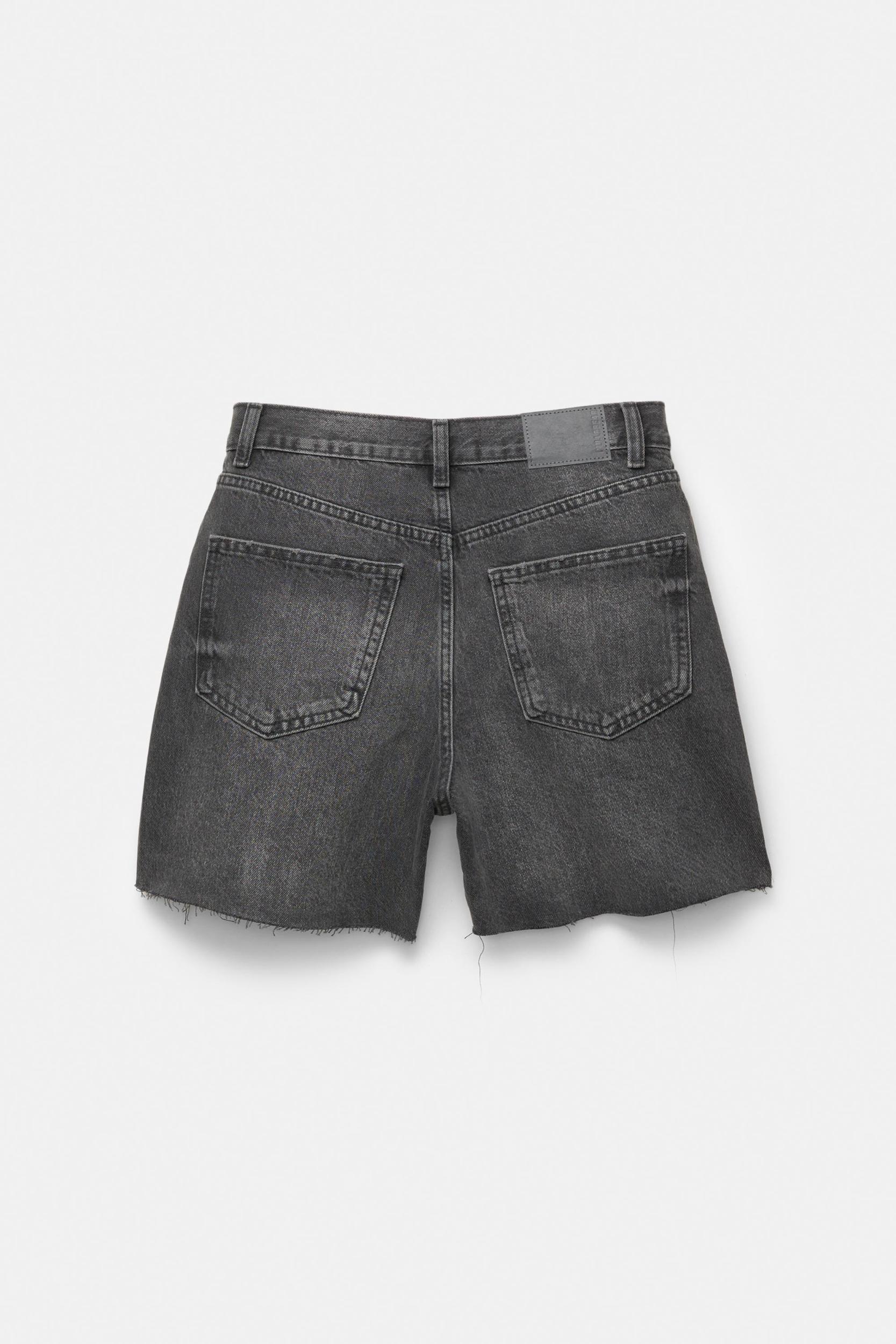 High-rise denim Bermuda shorts with rhinestones Product Image