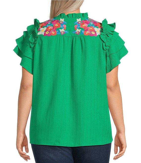 Calessa Plus Size Embroidered Split V-Neck Short Ruffle Sleeve Tunic Product Image