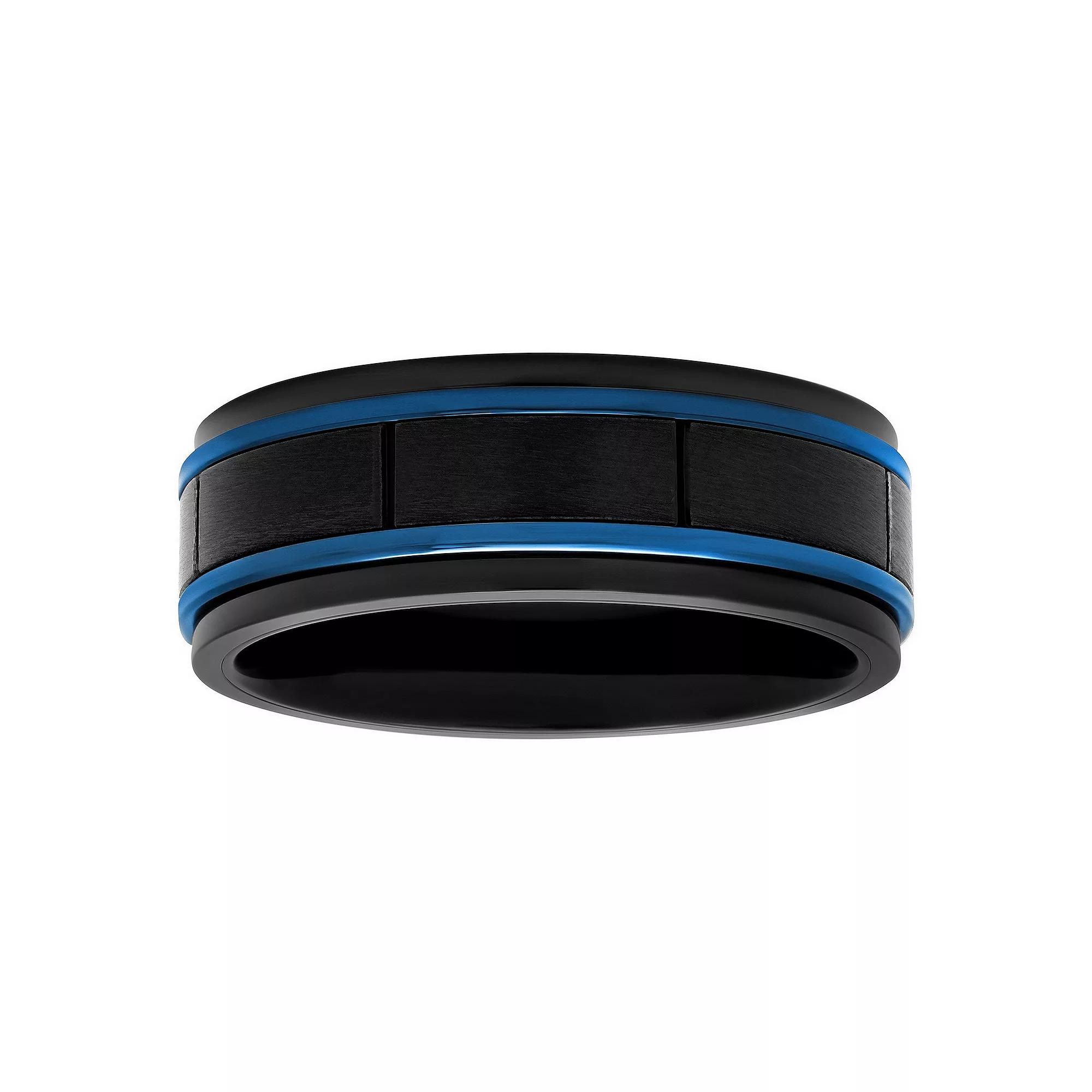 Men's Black & Blue Stainless Steel Grooved Wedding Band, Size: 8, Two Tone Product Image