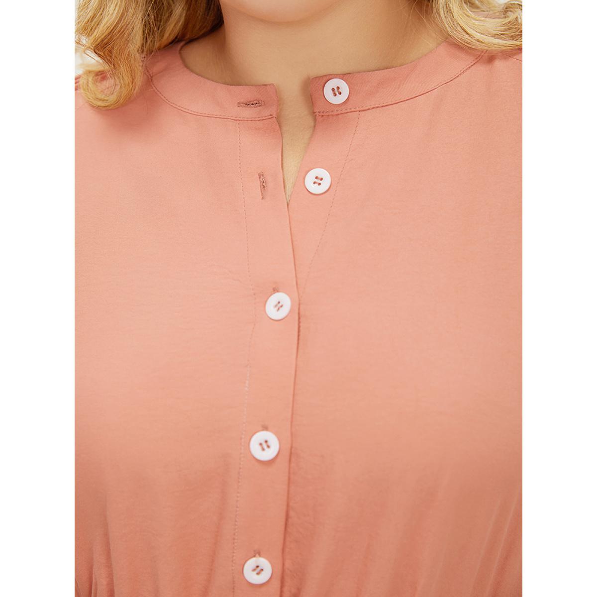 Plus Size Plain Ruffles Pocket Button Up Puff Sleeve Pleated Dress Salmon Women Office Pleated Round Neck Short sleeve Curvy Midi Dress BloomChic 14-16/1X Product Image