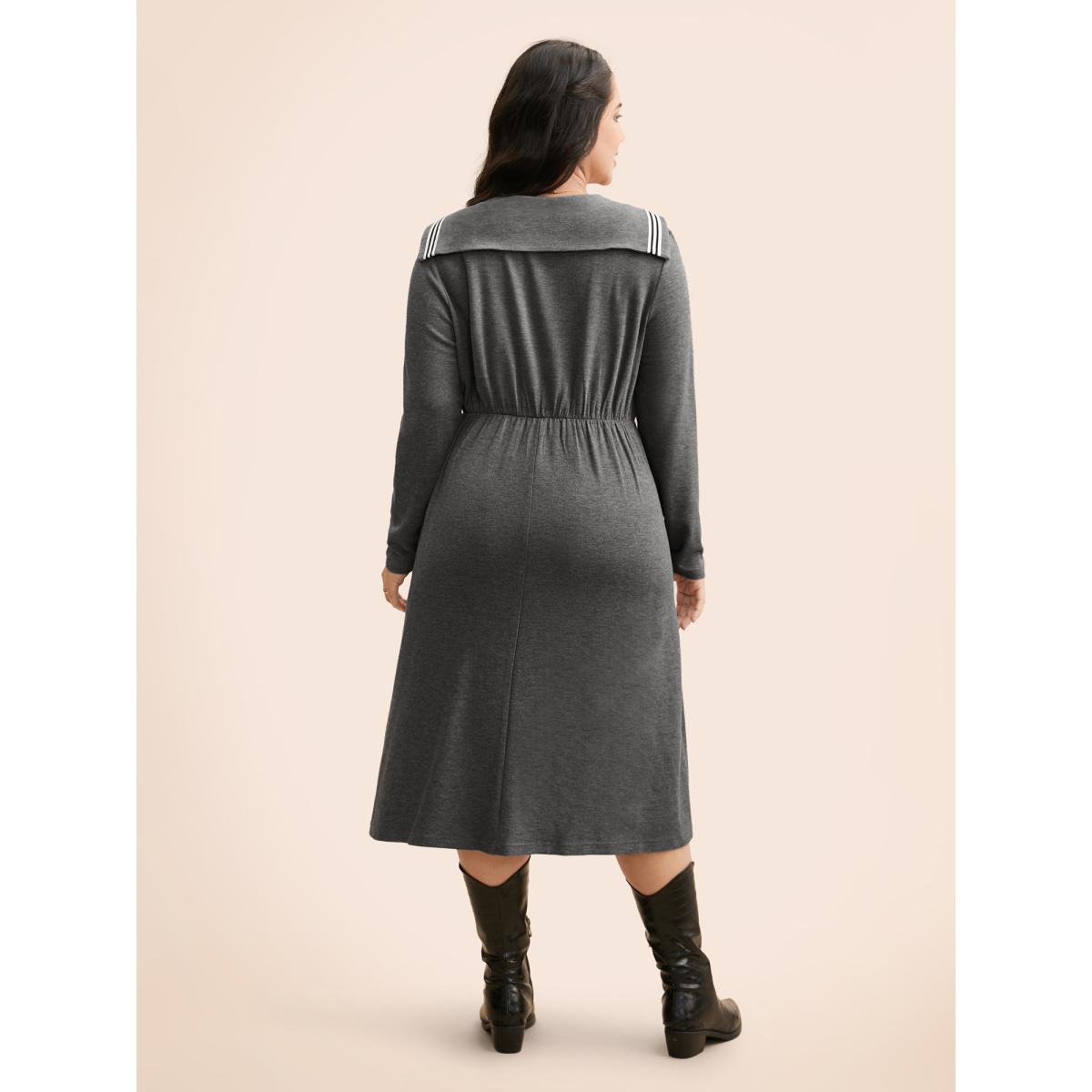 Plus Size Sailor Collar Contrast Button Up Dress DarkGray Women Casual Contrast Sailor Collar Long Sleeve Curvy BloomChic 26/4X Product Image