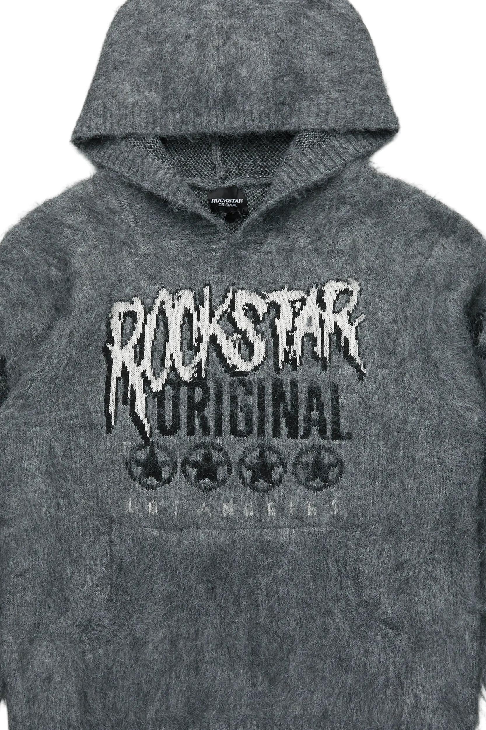 Wizzurd Grey Graphic Knitted Hoodie Male Product Image