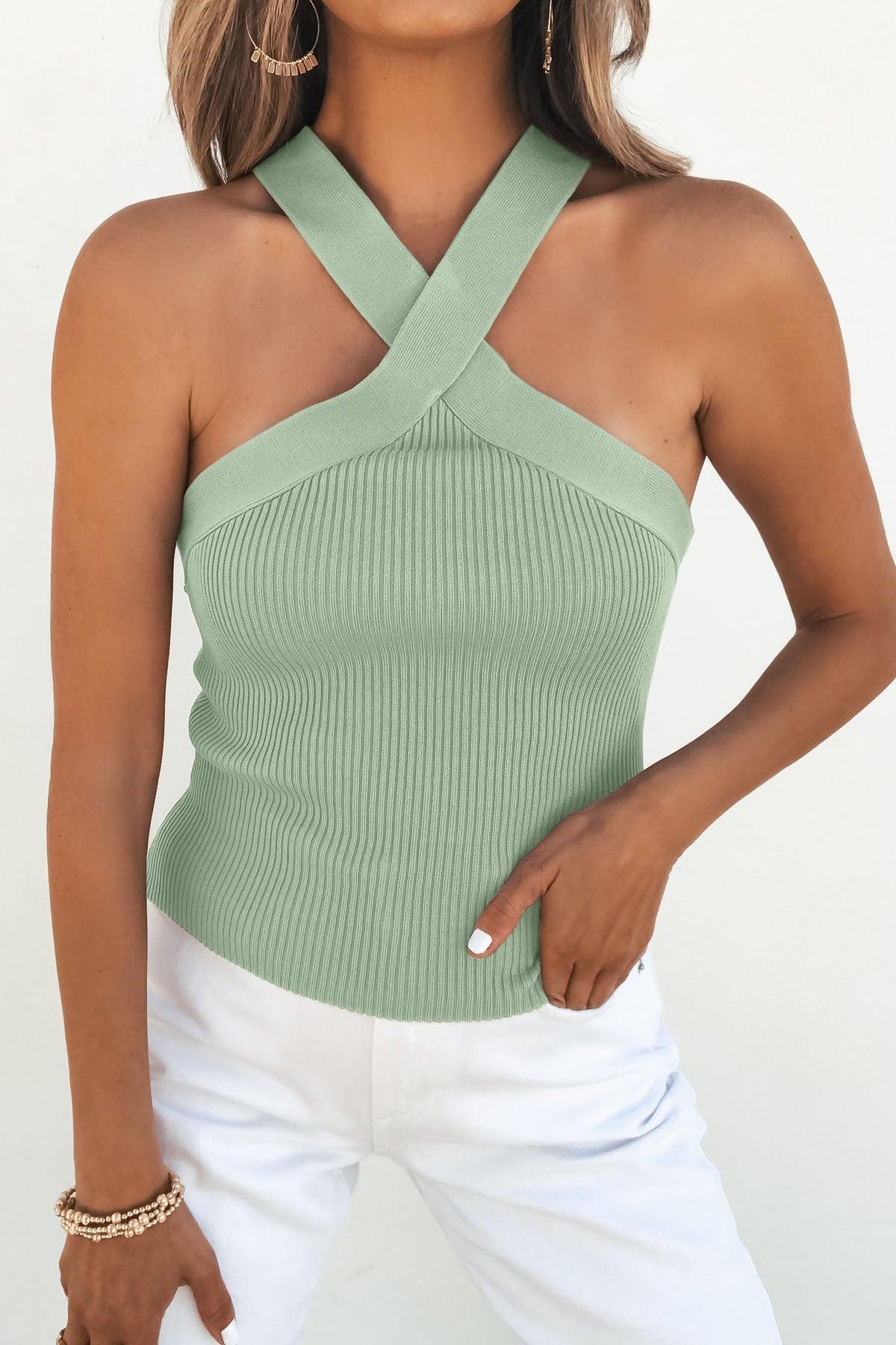 Kacey Ribbed Halter Neck Top - Sage - FINAL SALE Product Image