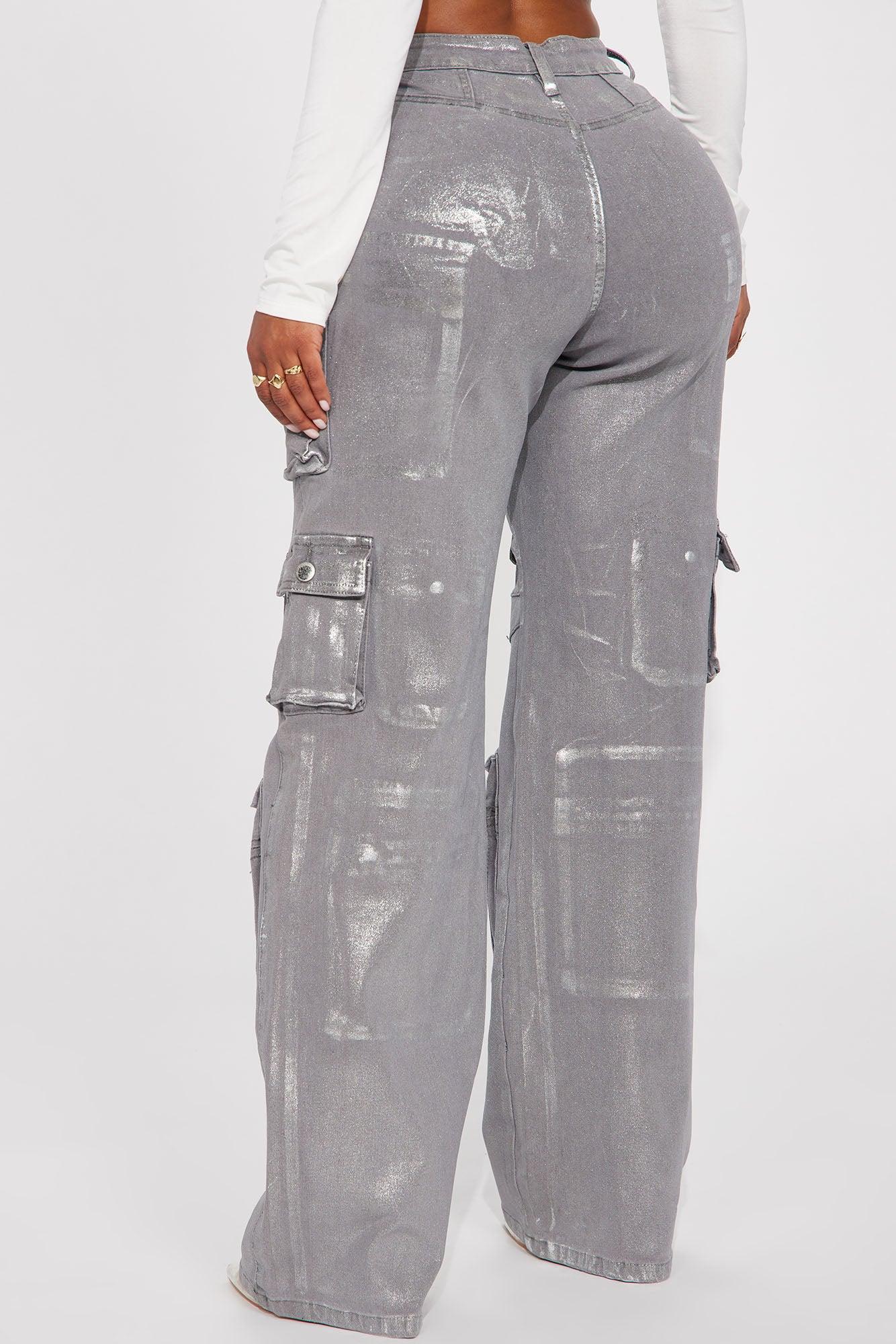 Time To Shine Foil Baggy Cargo Jeans - Silver Product Image