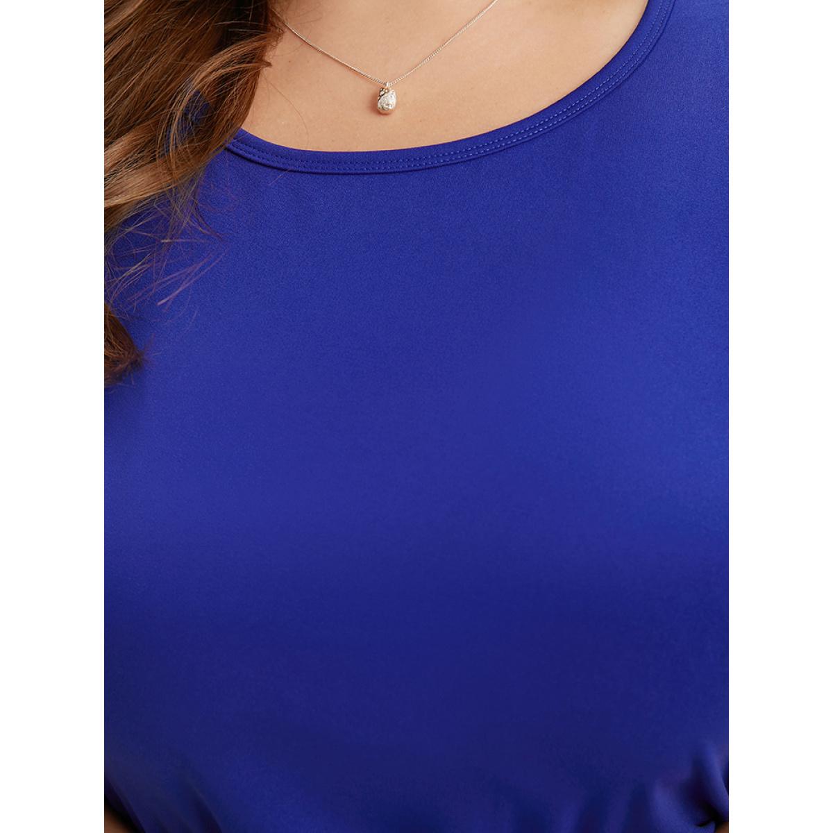 Plus Size Plain Ruched Half Sleeve Bodycon Dress Blue Women Office Plain Round Neck Half Sleeve Curvy Midi Dress BloomChic 18-20/2X Product Image