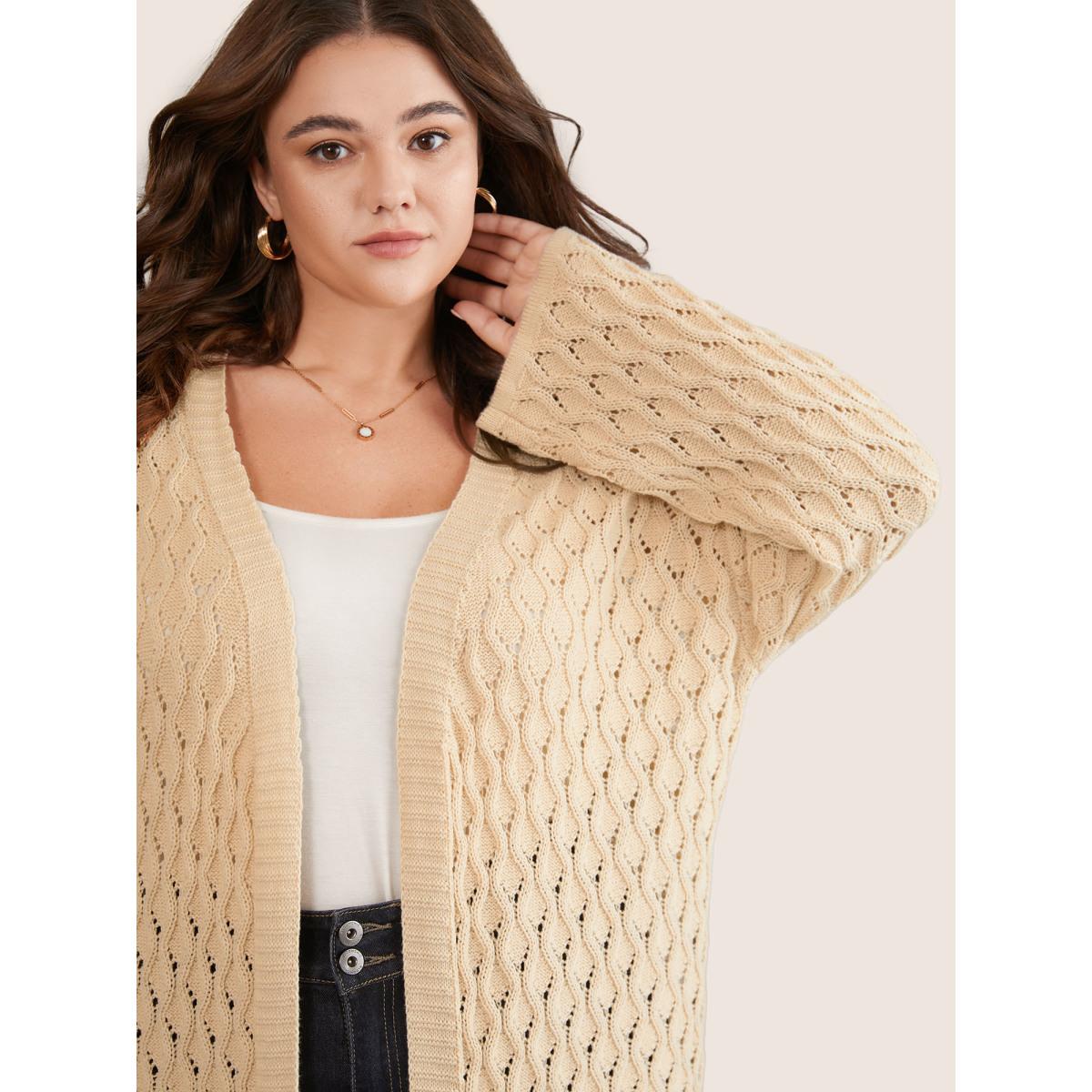 Plus Size Plain Hollow Out Drop Shoulder Cable Knit Cardigan Apricot Women Casual Long Sleeve Everyday Cardigans BloomChic 14-16/1X Product Image