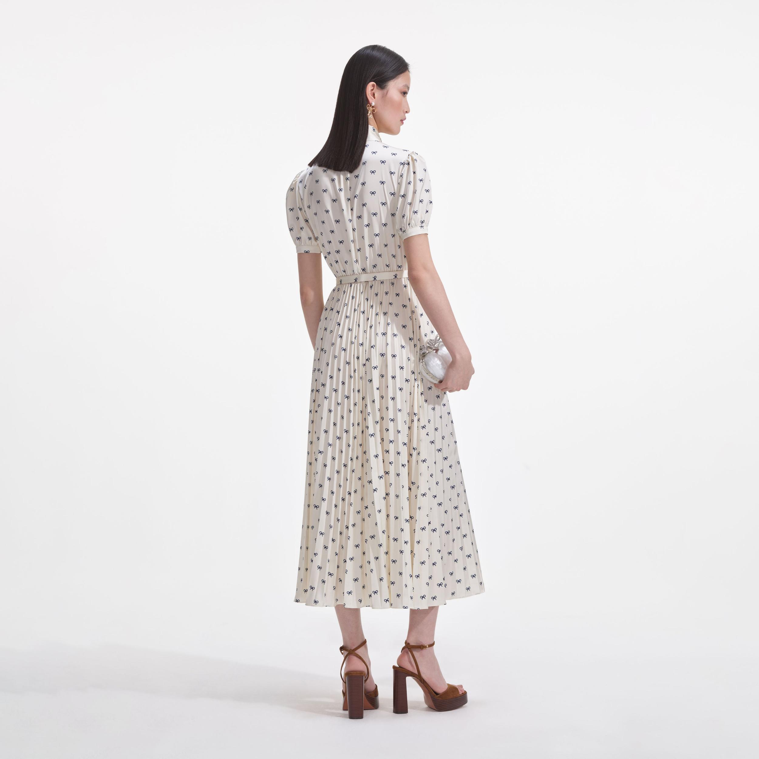 Cream Satin Bow Print Midi Dress Product Image