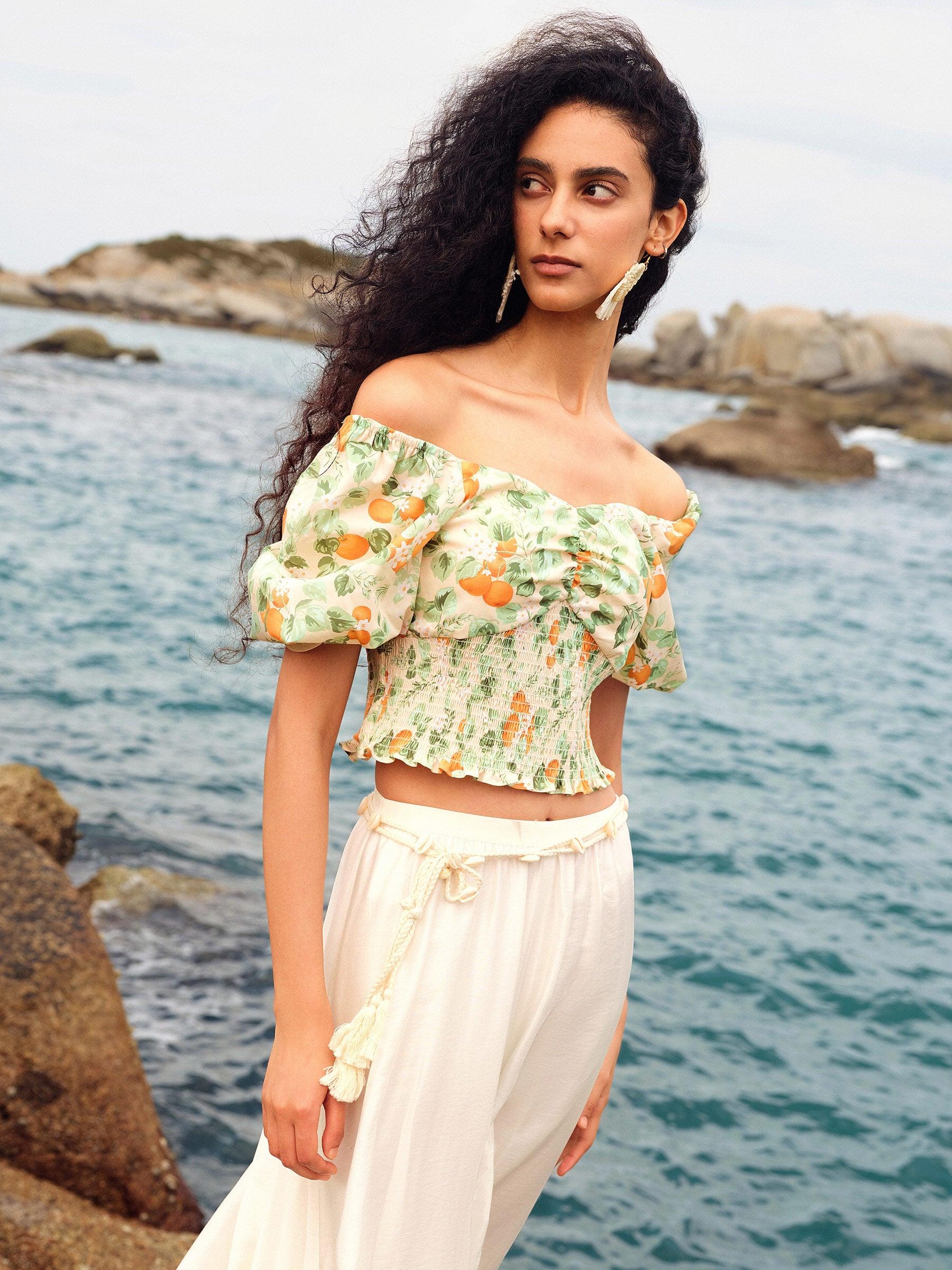 Cotton Floral Print Women Smocked Top Product Image