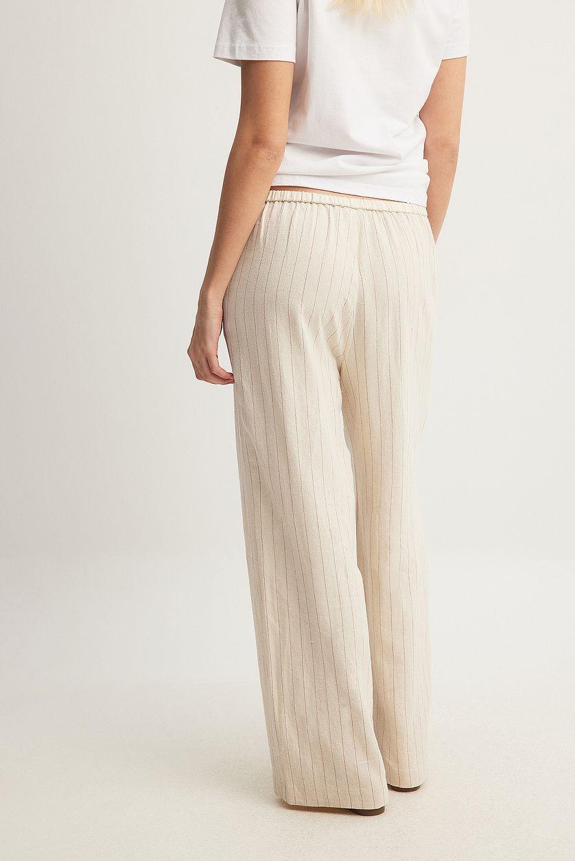Elastic Mid Waist Linen Blend Pants Beige Product Image