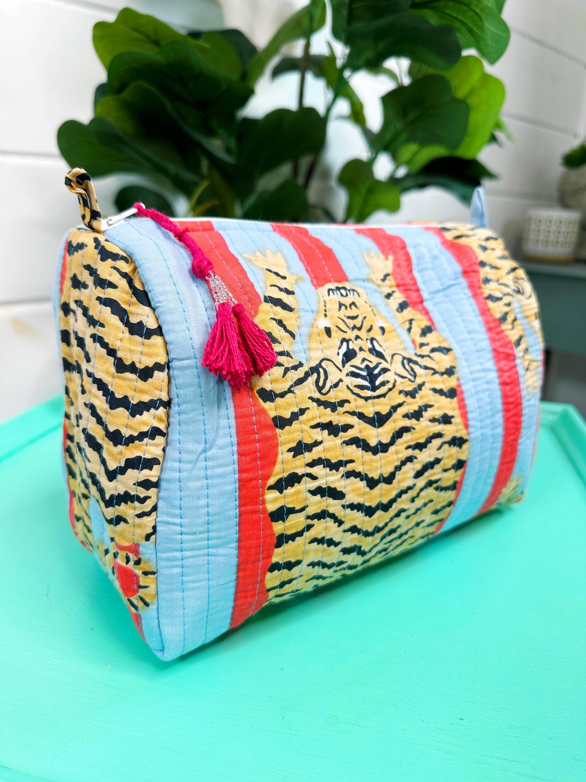Blue and Tomato Striped Tiger Cosmetic Bag Product Image