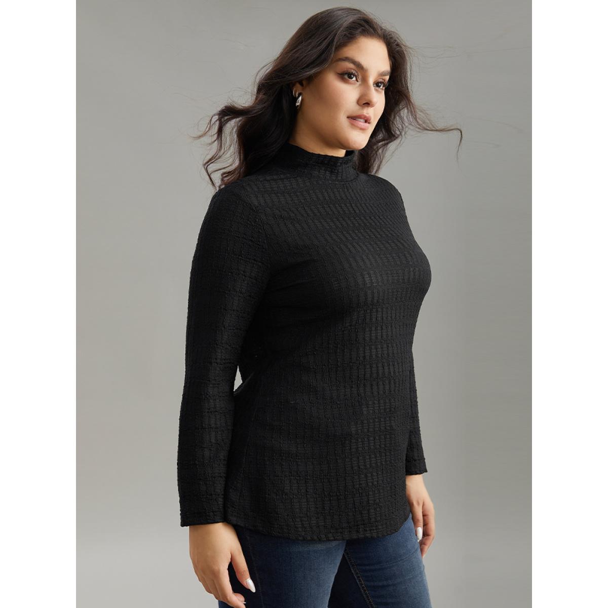 Plus Size Plain Texture Mock Neck T-shirt Black Women Elegant Texture Plain Mock Neck Dailywear T-shirts BloomChic 28/5X Product Image