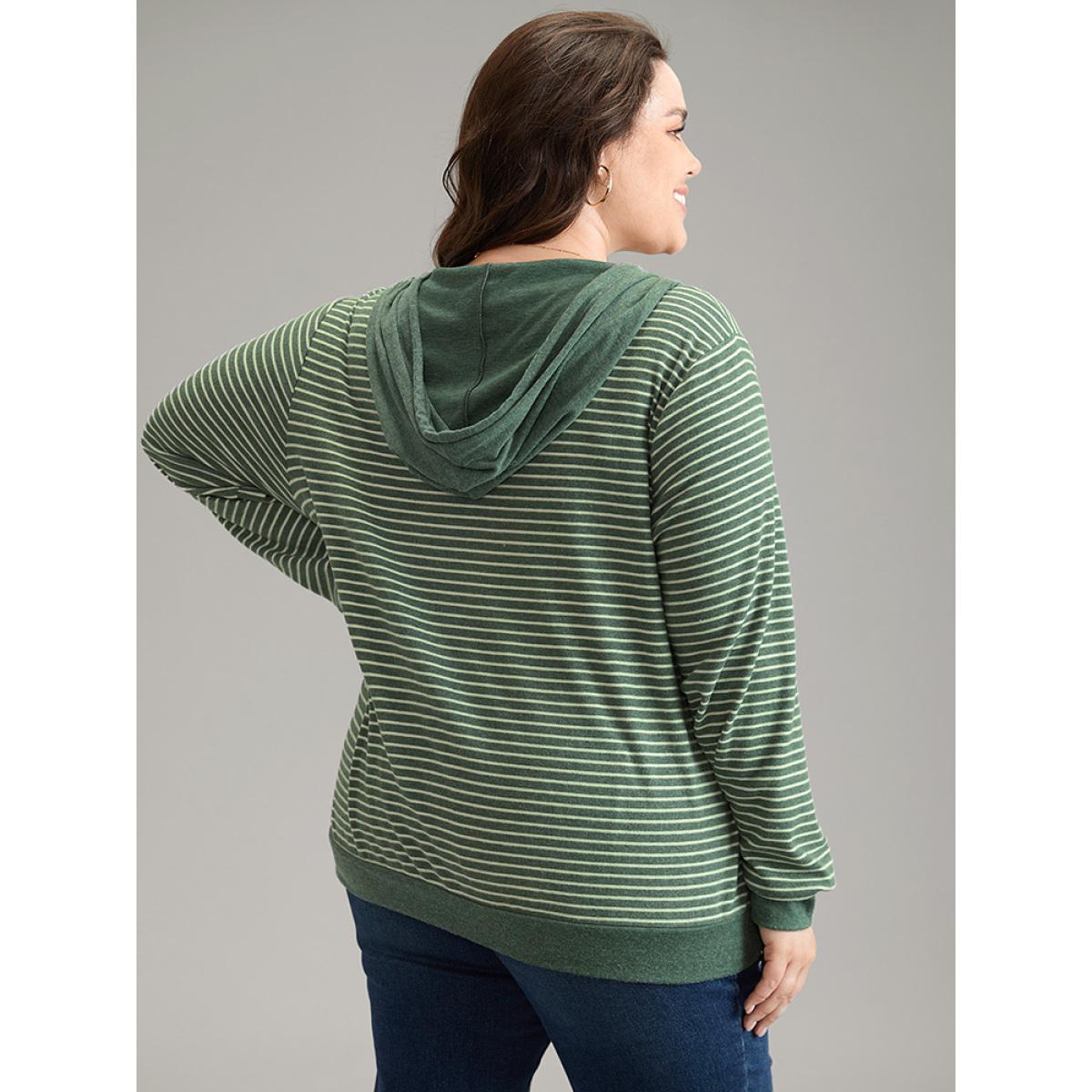 Plus Size Striped Hooded Drawstring Button Up Fluffy Sweatshirt Women Green Elegant Button Hooded Dailywear Sweatshirts BloomChic 18-20/2X Product Image
