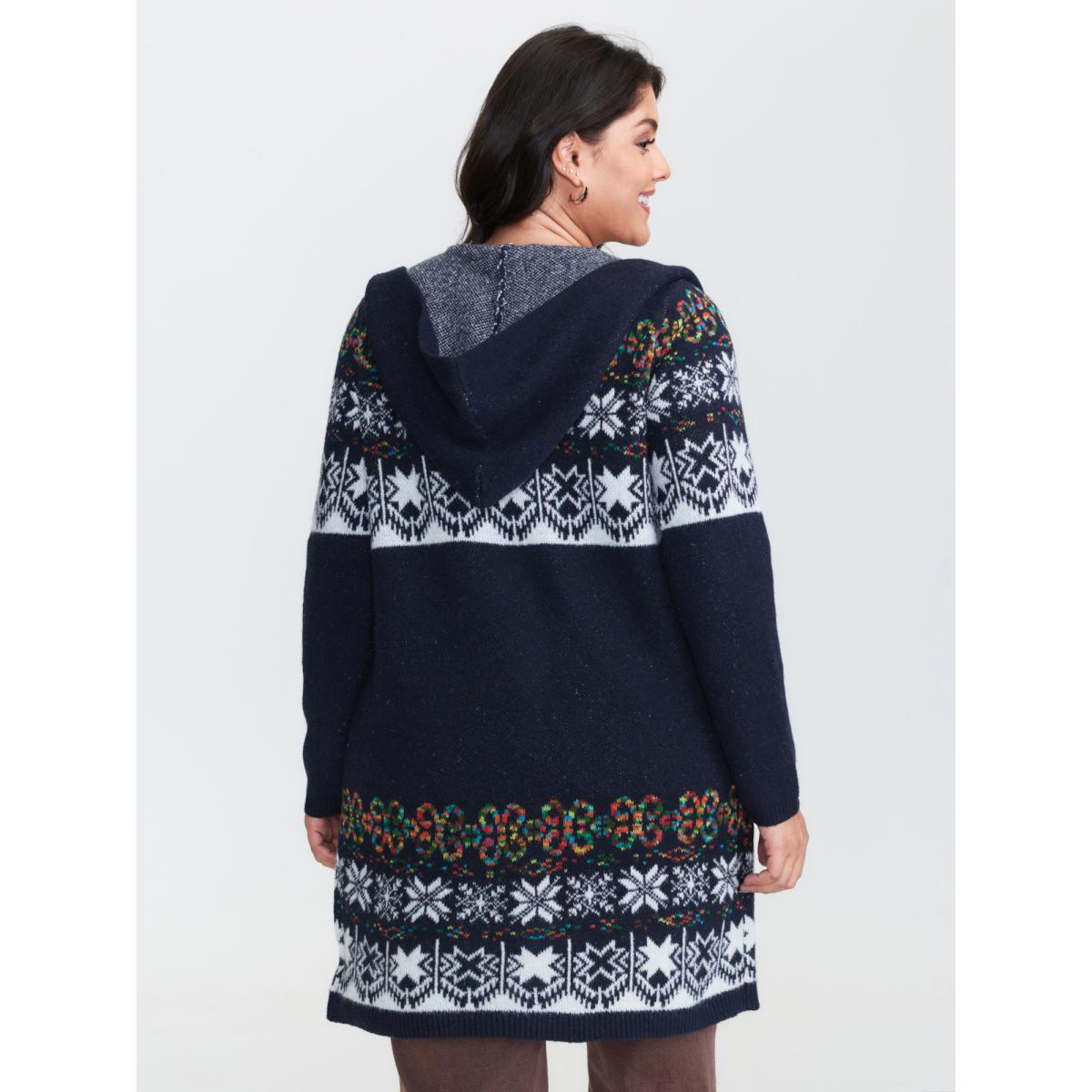 Plus Size Boho Print Jacquard Hooded Knit Cardigan Indigo Women Leisure Loose Long Sleeve Casual Cardigans BloomChic 14-16/1X Product Image