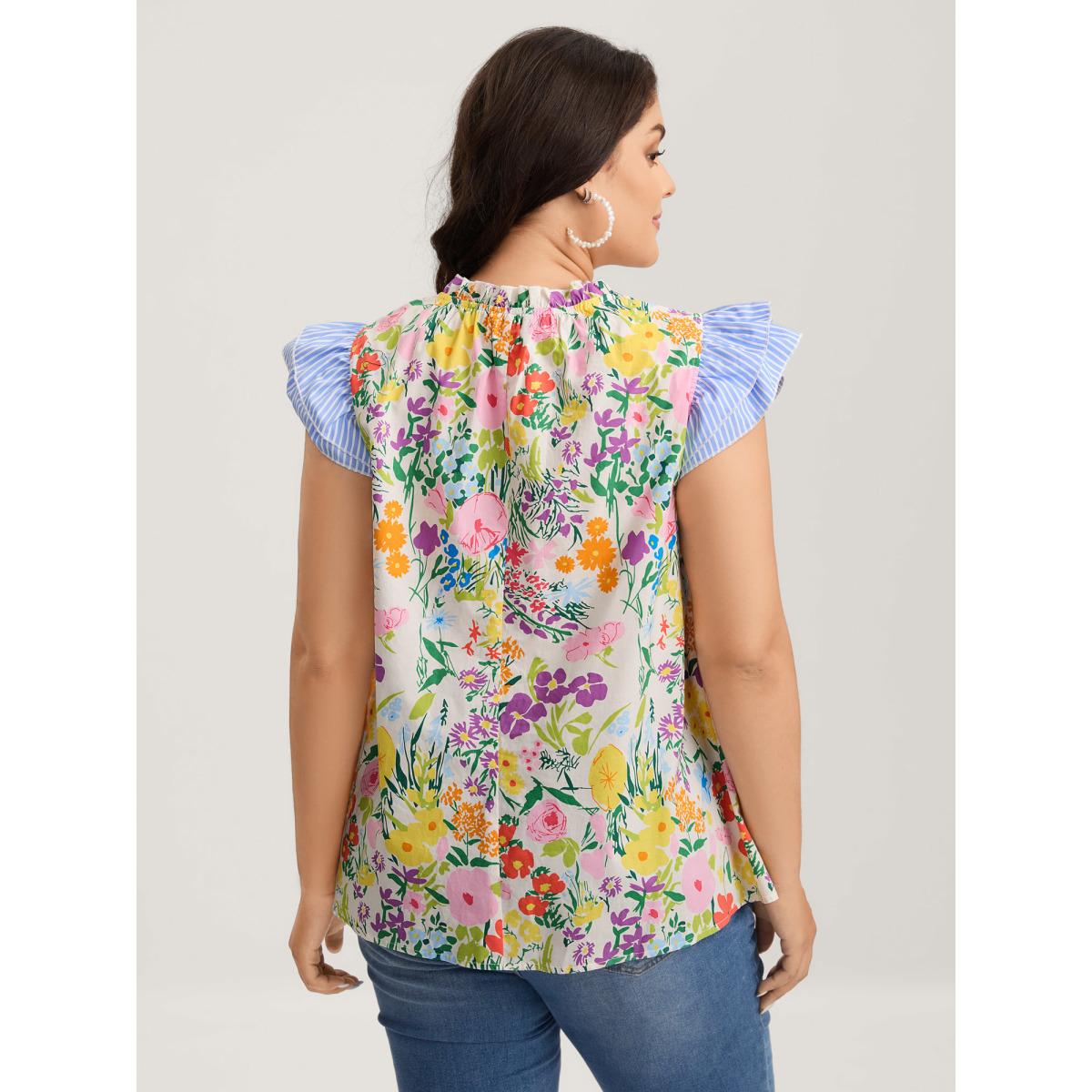 Plus Size Multicolor Pure Cotton Floral Turtleneck Blouse Women Cap Sleeve Mock Neck Everyday-Elegant Blouses BloomChic 12/L Product Image