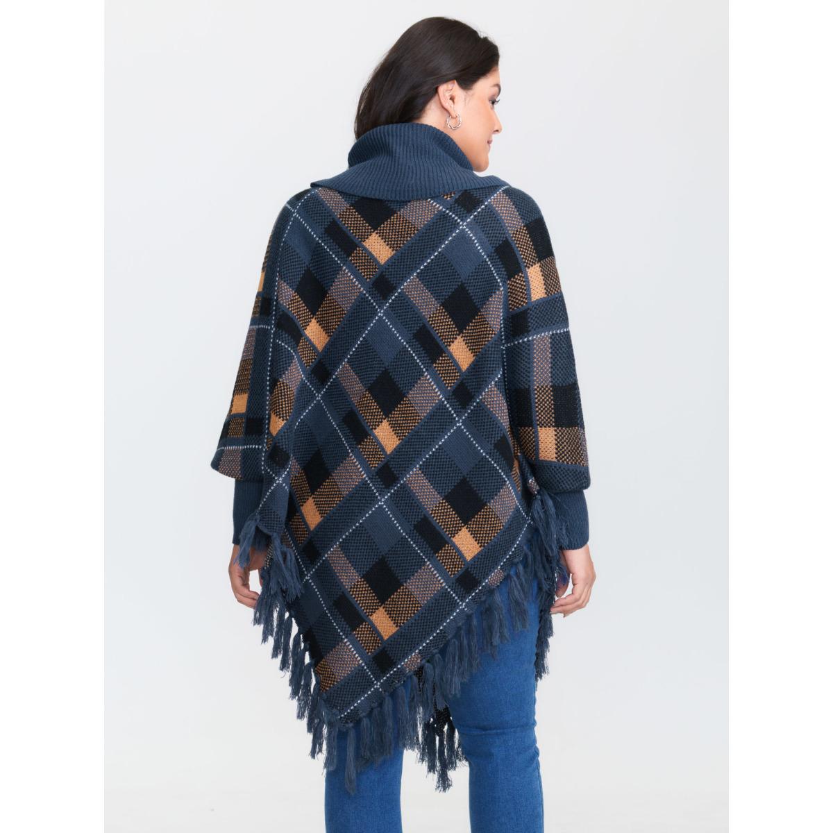 Plus Size Holiday Plaid Turtleneck Fringe Hem Pullover Indigo Women Leisure Loose Long Sleeve Turtleneck Casual Pullovers BloomChic 28/5X Product Image