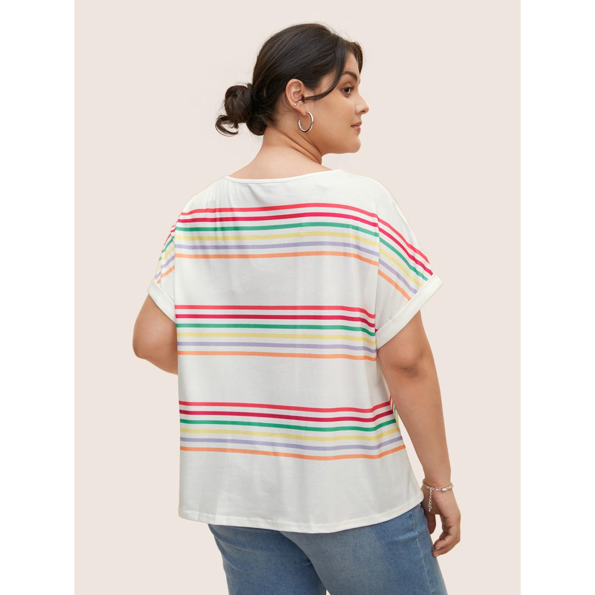 Plus Size Colored Striped Boat Neck Batwing Sleeve T-shirt Multicolor Women Casual Contrast Boat Neck Everyday T-shirts BloomChic 28/5X Product Image