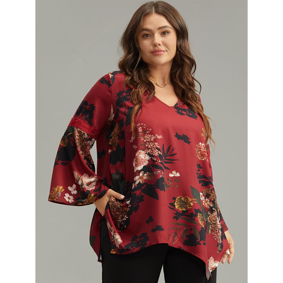 Plus Size Scarlet Floral Lace Panel V Neck Hanky Hem Blouse Women Elegant Long Sleeve V-neck Dailywear Blouses BloomChic 22-24/3X Product Image