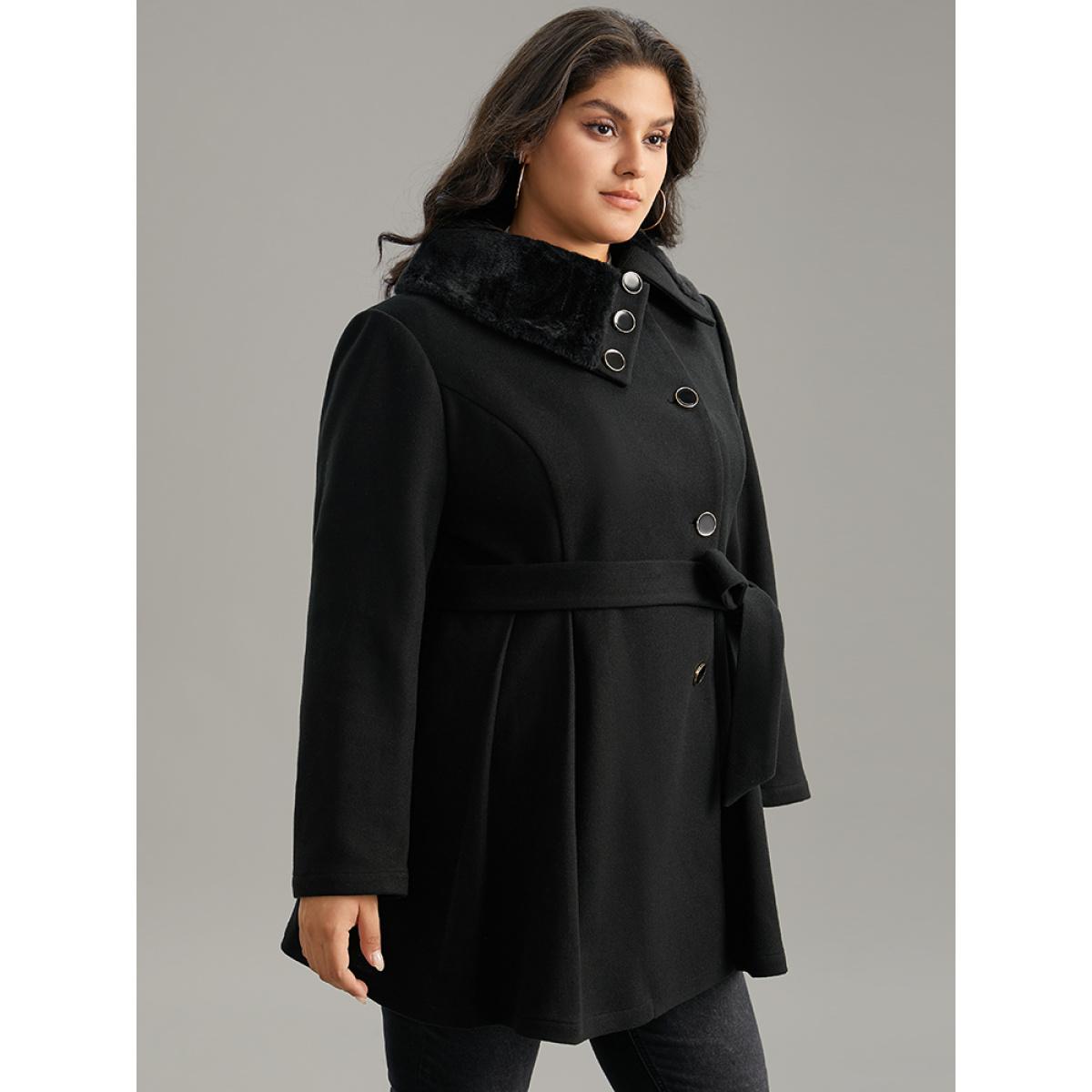 Plus Size Fuzzy Patchwork Knot Belted Button Up Pocket Coat Women Black Casual Plain Ladies Dailywear Winter Coats BloomChic 14-16/1X Product Image
