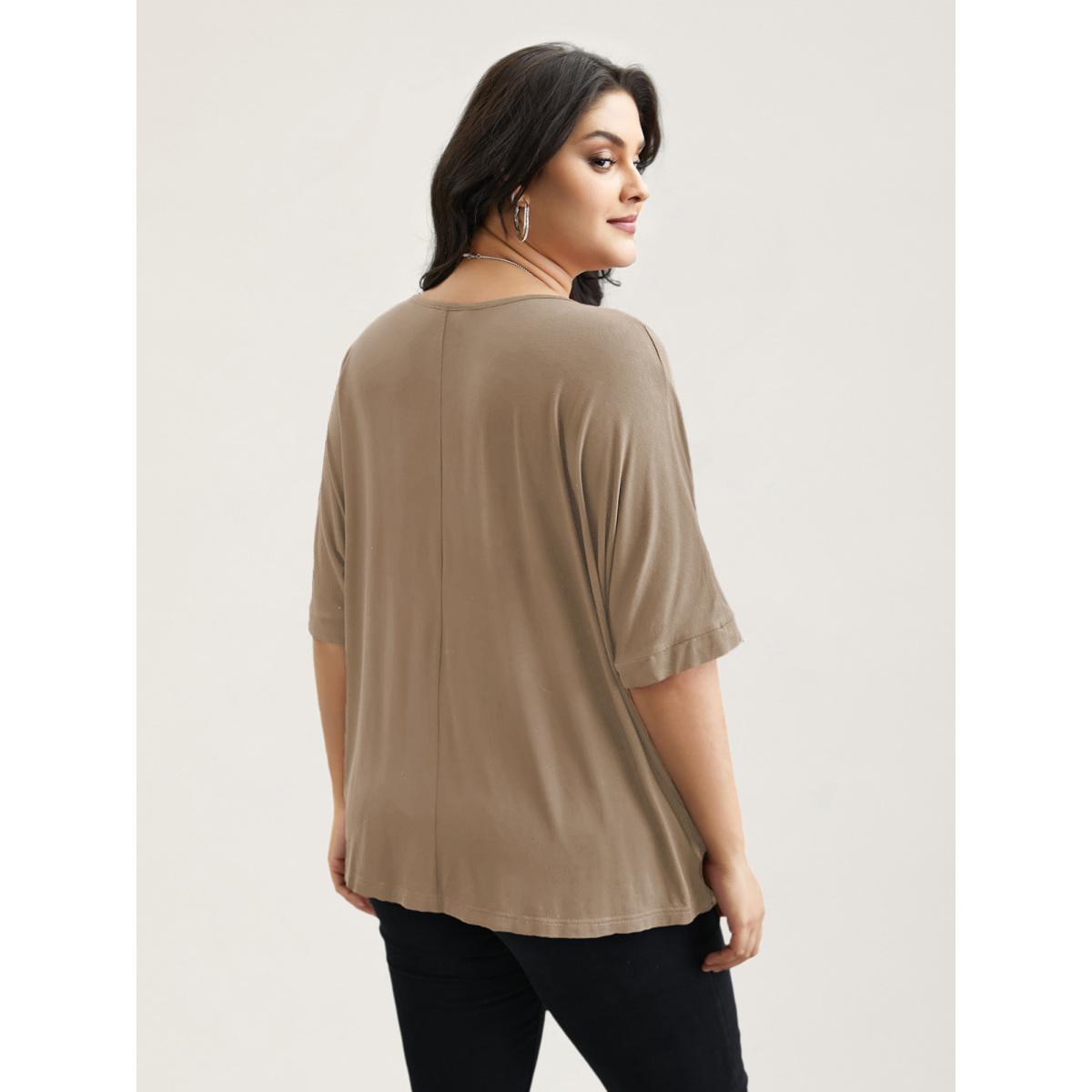Plus Size Supersoft Round Neck Plain T-Shirt LightBrown Women Casual Non Round Neck Everyday T-shirts BloomChic 14-16/1X Product Image