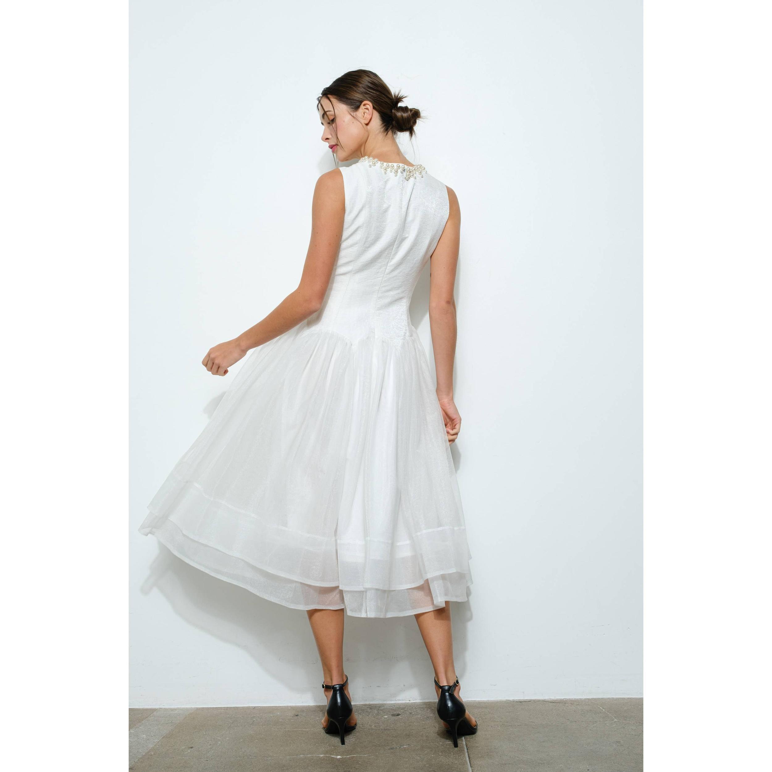 Pearl Embellished Tulle Midi Dress Product Image
