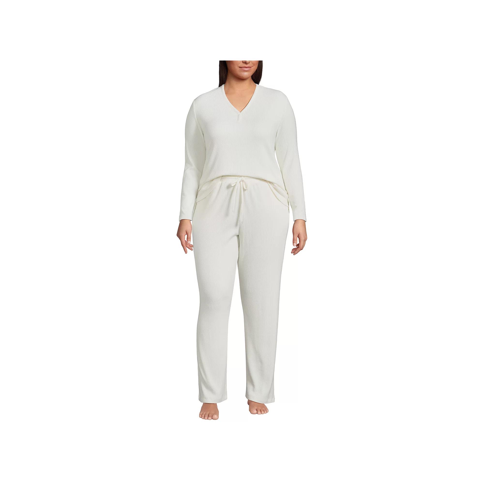 Plus Size Lands' End Long Sleeve V-Neck Pajama Top & Pajama Pants Set, Women's, Size: 2XL, Ivory Product Image