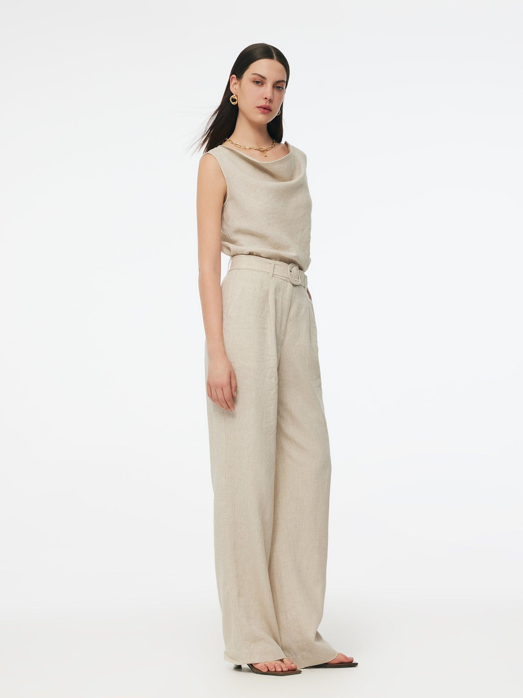 100% Linen Women Straight Leg Pants With Belt Product Image