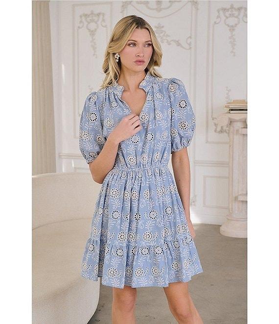 Sugarlips Blue Rosie V-Neck Short Puff Sleeve Eyelet Mini Dress Product Image