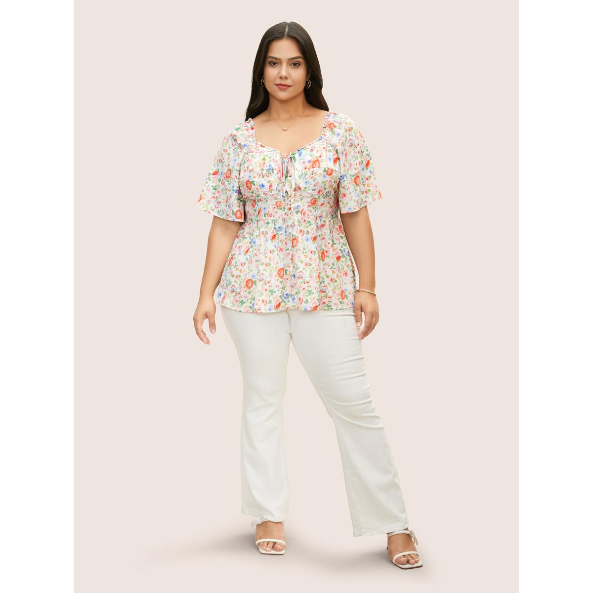 Plus Size Multicolor Heart Neckline Floral Frill Trim Blouse Women Elegant Short sleeve Heart neckline Everyday Blouses BloomChic 14-16/1X Product Image