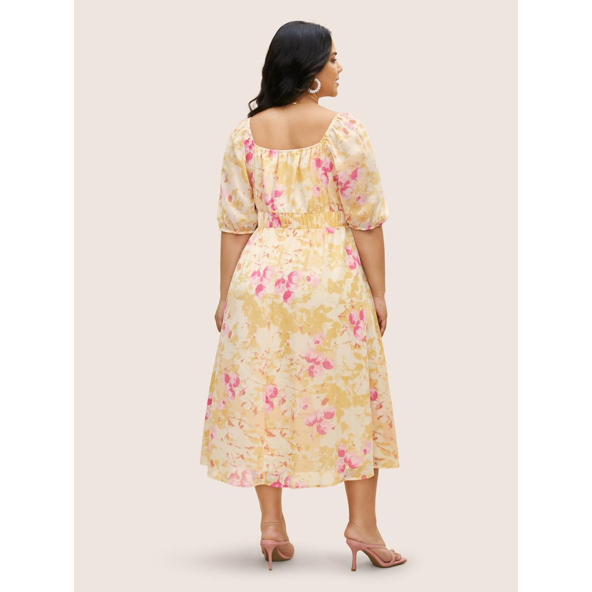 Plus Size Watercolor Floral Cross Straps Gathered Dress Lightyellow Women Elegant Gathered Square Neck Half Sleeve Curvy BloomChic 14-16/1X Product Image
