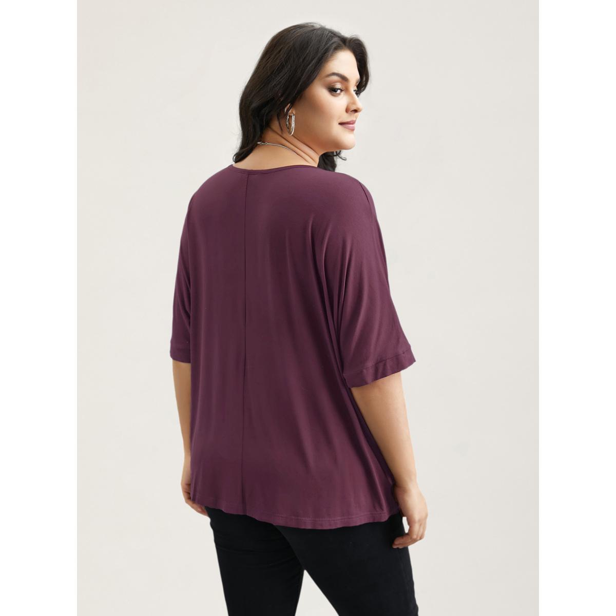 Plus Size Supersoft Round Neck Plain T-Shirt Plum Women Leisure Non Round Neck Casual T-shirts BloomChic 12/L Product Image