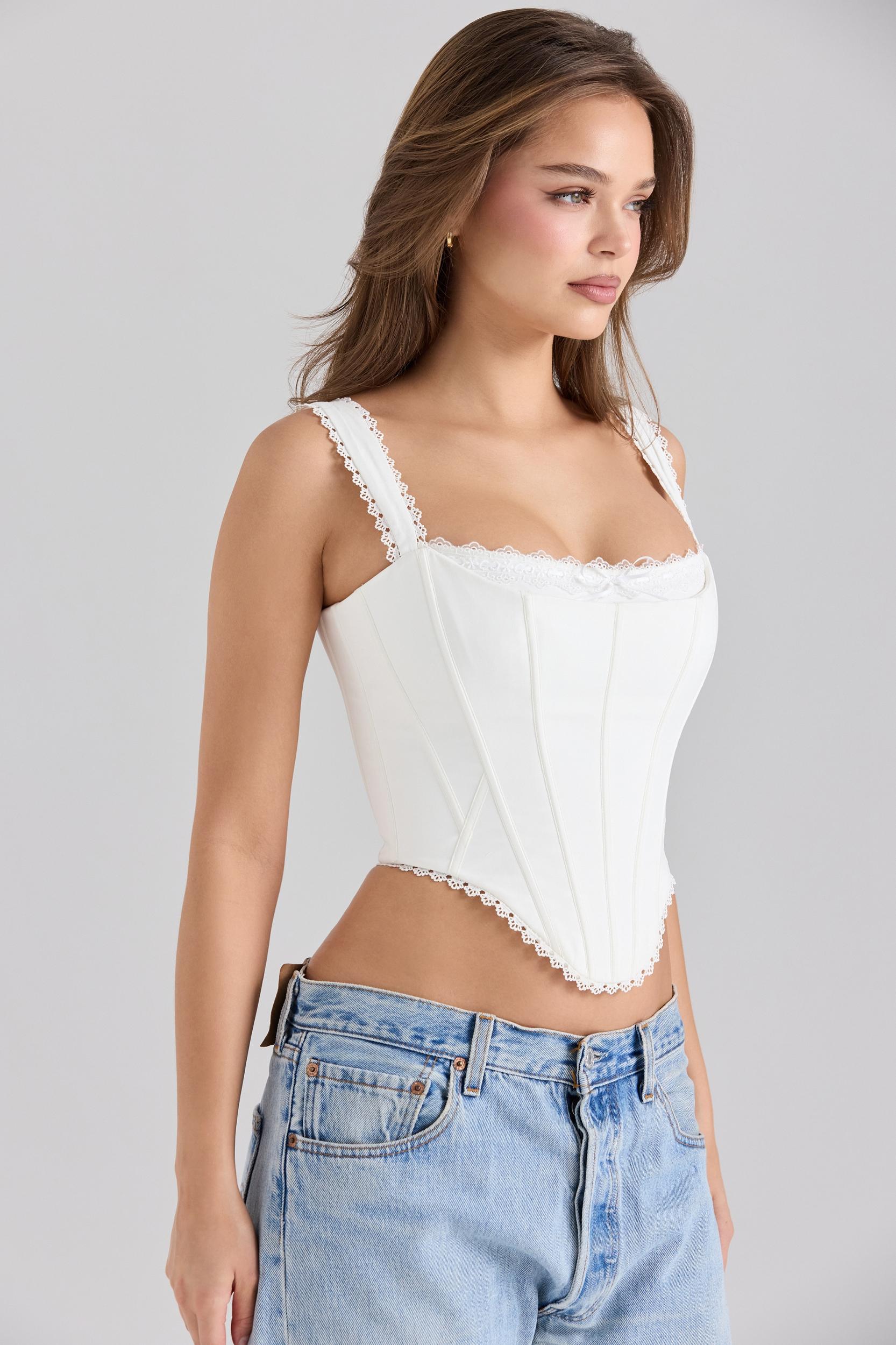 Adina  white stretch cotton scallop trim corset top Product Image