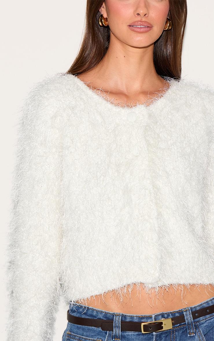 Off White Textured Fluffy Knit Button Up Cardigan Product Image