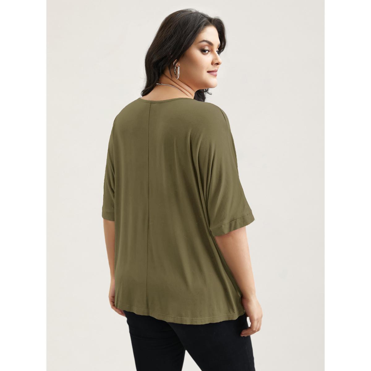 Plus Size Supersoft Round Neck Plain T-Shirt ArmyGreen Women Casual Non Round Neck Everyday T-shirts BloomChic 28/5X Product Image
