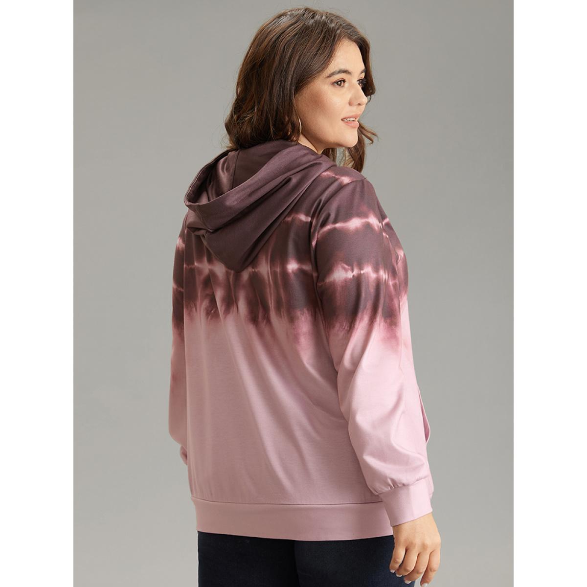 Plus Size Tie Dye Kangaroo Pocket Hooded Drawstring Sweatshirt Women Maroon Casual Tie Dye Hooded Dailywear Sweatshirts BloomChic 28/5X Product Image