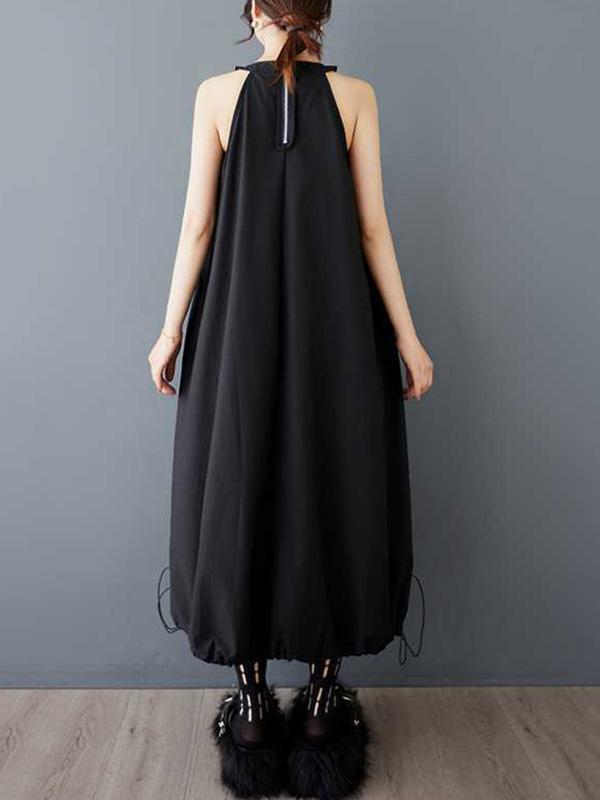 A-Line Loose Drawstring Pleated Pockets Solid Color Zipper Spaghetti-Neck Midi Dresses Product Image