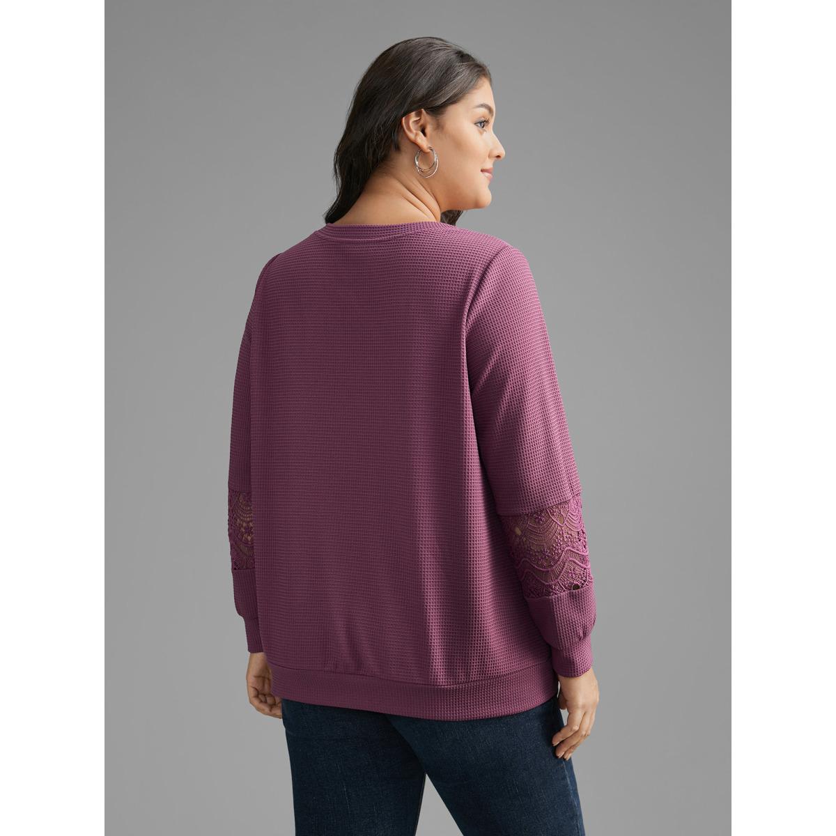 Plus Size V Neck Textured Lace Patchwork Sweatshirt Women Deeppurplered Casual Texture V-neck Everyday Sweatshirts BloomChic 14-16/1X Product Image