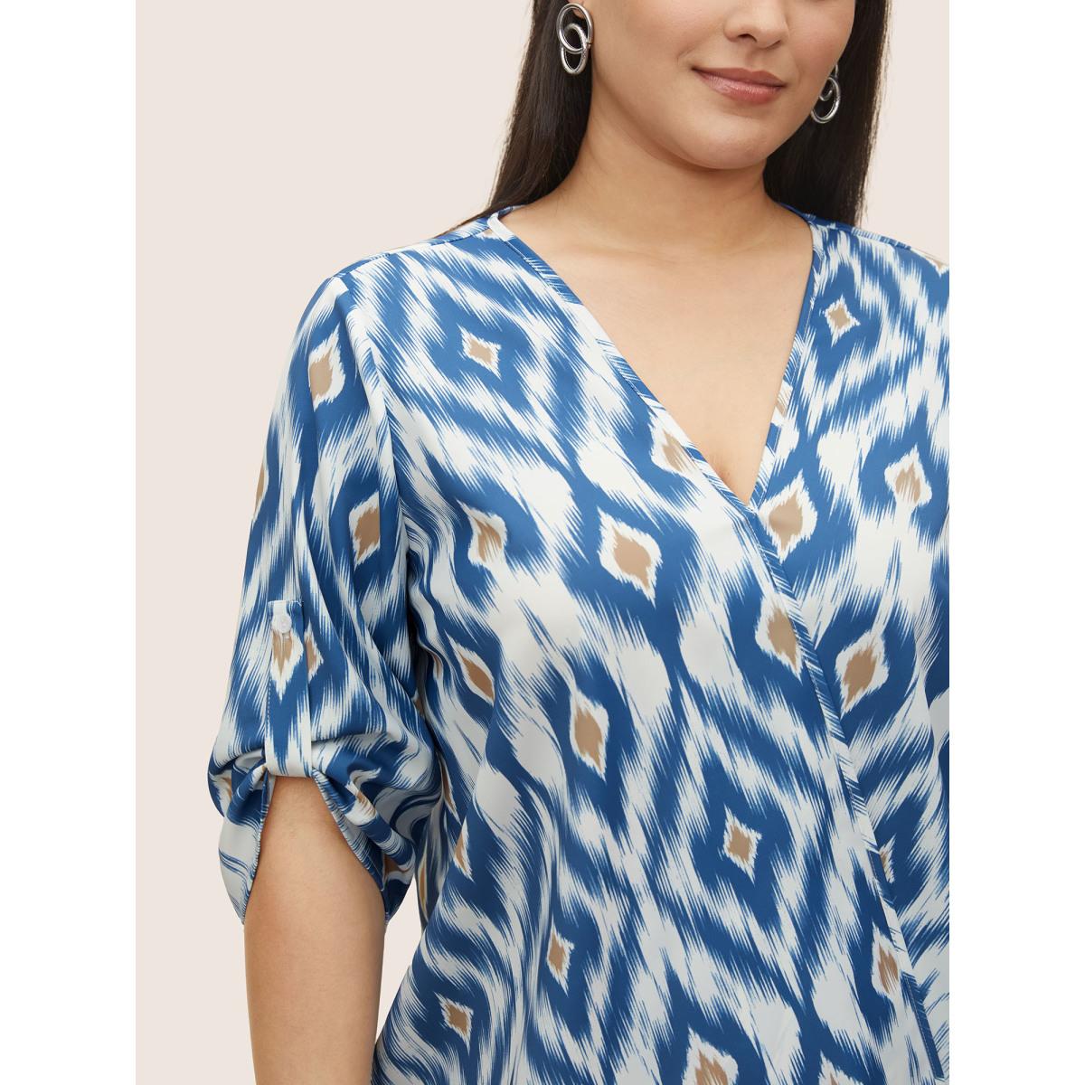 Plus Size Stone Geometric Surplice Neck Tab Sleeve Blouse Women Resort Elbow-length sleeve Overlap Collar Vacation Blouses BloomChic 22-24/3X Product Image