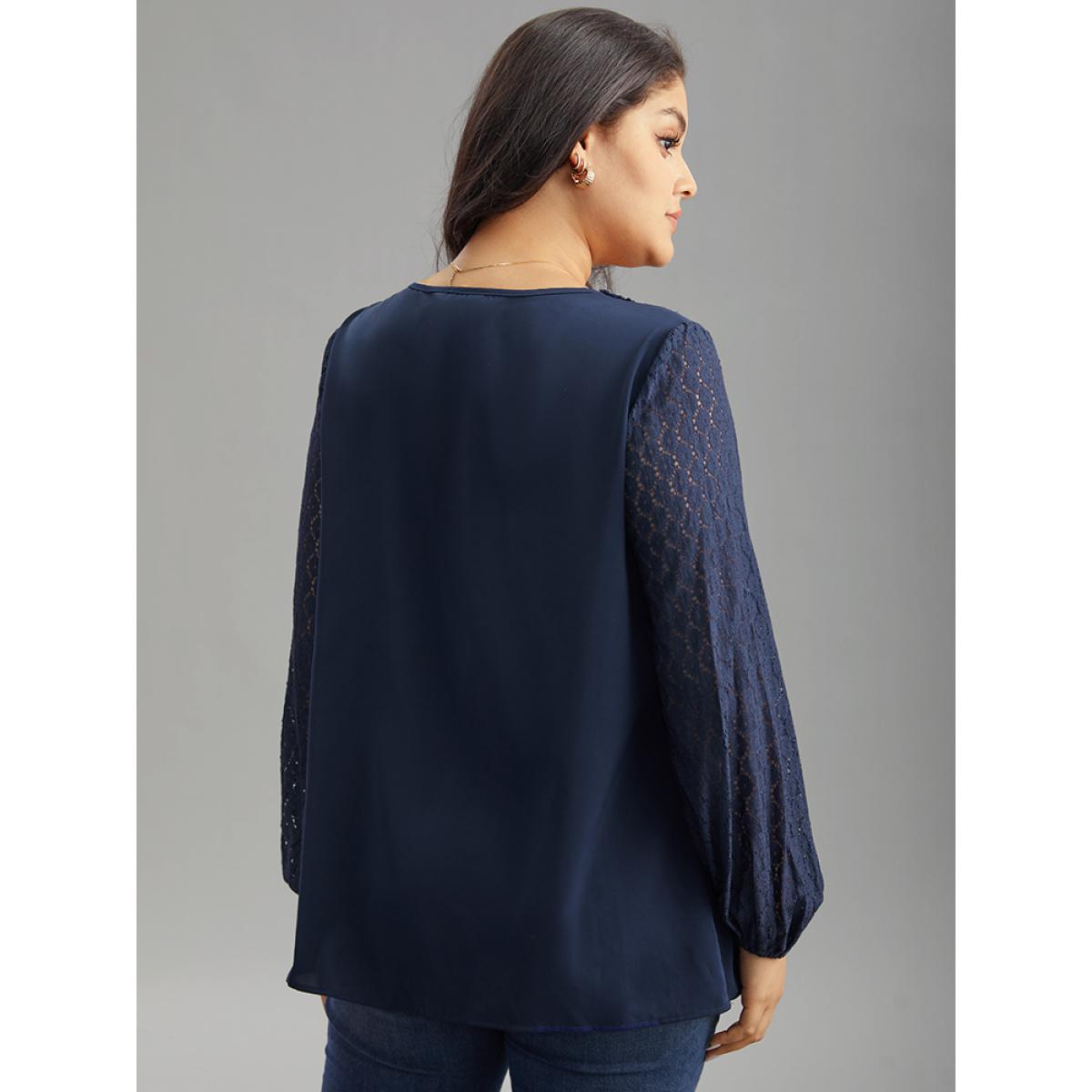 Plus Size Indigo V Neck Guipure Lace Lantern Sleeve Blouse Women Office Long Sleeve V-neck Office Blouses BloomChic 30/6X Product Image