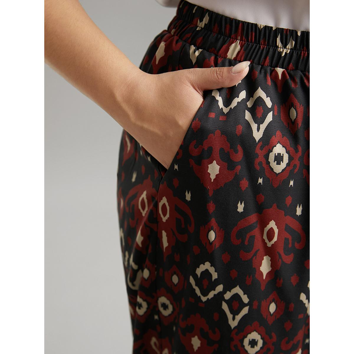 Plus Size Moroccan Print Elastic Waist Wide Leg Pants Women Black Vacation Wide Leg High Rise Dailywear Pants BloomChic 30/6X Product Image