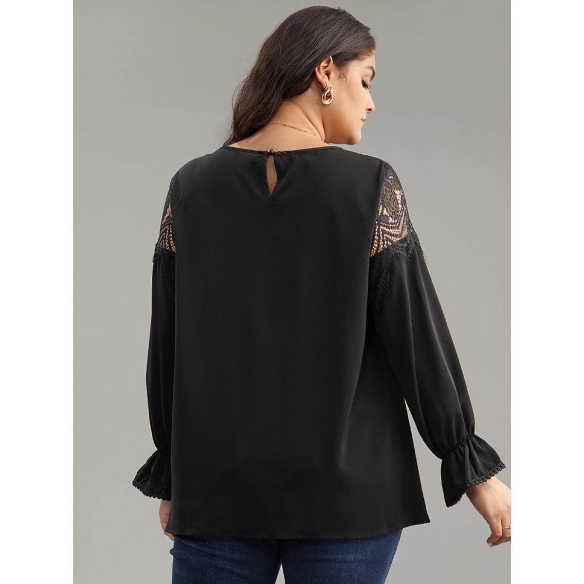 Plus Size Black Anti-Wrinkle Solid Lace Panel Lantern Sleeve Blouse Women Elegant Long Sleeve Round Neck Dailywear Blouses BloomChic 26/4X Product Image