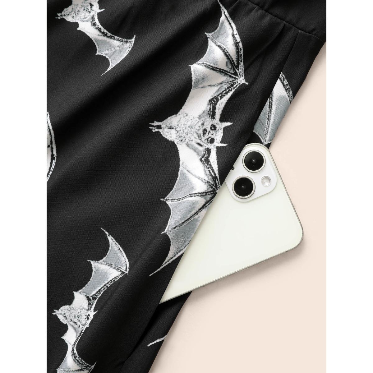 Plus Size Neck Drawstring Bat Print Midi Dress Black Women Cocktail Tie knot Party Curvy Bloomchic 22-24/3X Product Image