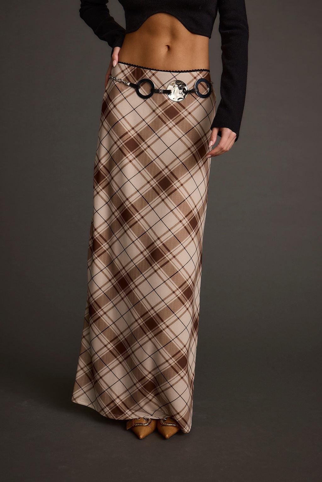 Julia Brown Plaid Mesh Maxi Skirt Product Image