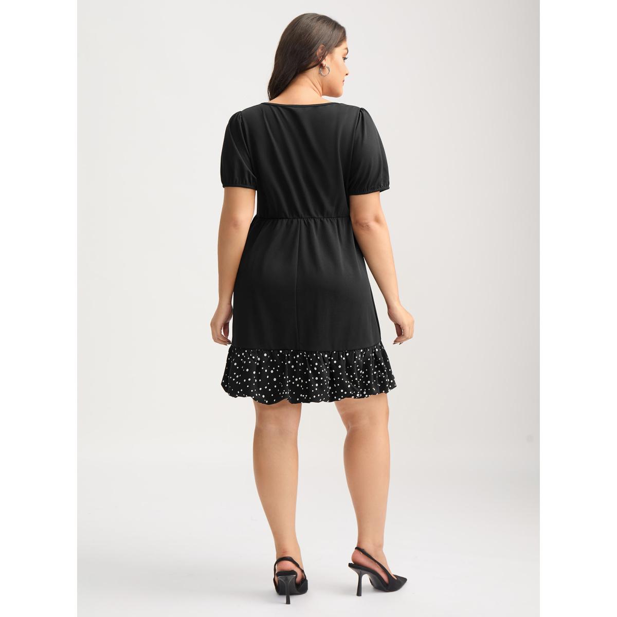 Plus Size Stretchy Bubble Hem Polka Dots Midi Dress Black Women Square Neck Short sleeve Curvy BloomChic 12/L Product Image