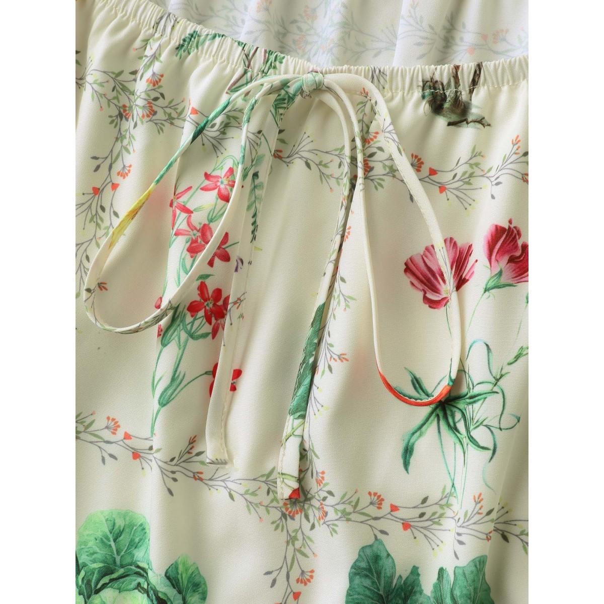 Plus Size Fruit & Vegetable Print Neck Tie Dress Beige Women Square Neck Short sleeve Curvy BloomChic 12/L Product Image
