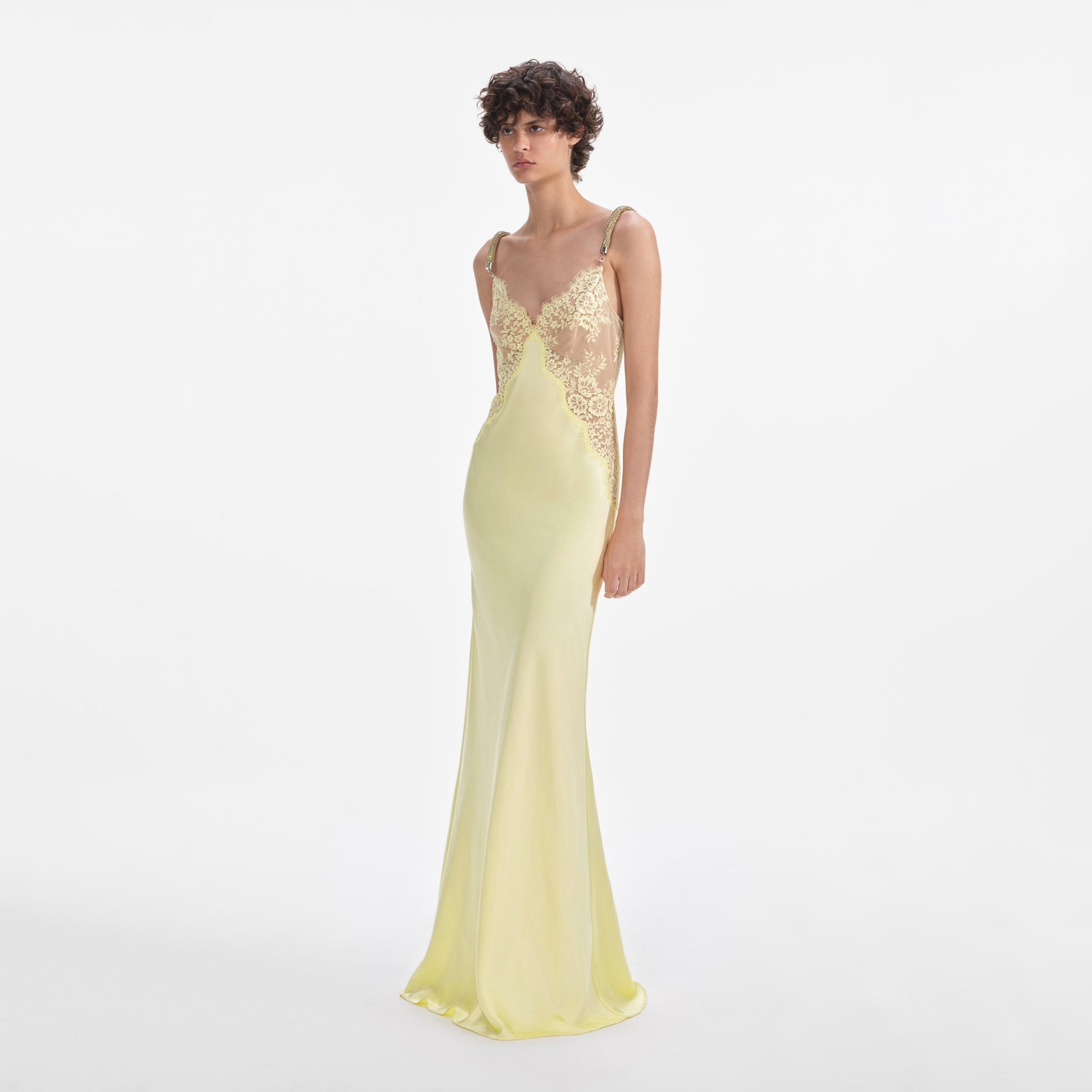 Yellow Lace Satin Maxi Dress Product Image